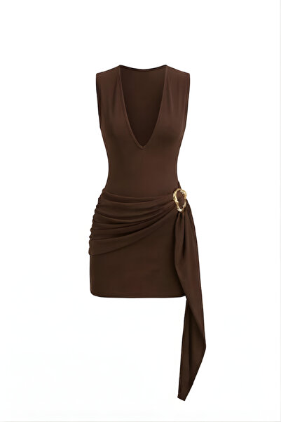 World Fashion Trends V-Neck Buckle Detailed Belted Gathering Shape Mini Dress