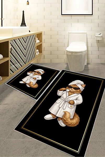 Harika bir ev Hari̇kabi̇rev | Bathroom and Toilet Mat with Bathrobe Cat Patte...
