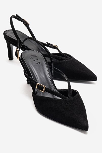 LuviShoes Armonia Black Suede Women's Heeled Shoes with Tape Detail
