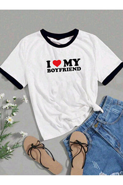 SUNFREE I LOVE Tricou de damă cu mânecă scurtă, cu imprimeu și guler rotund