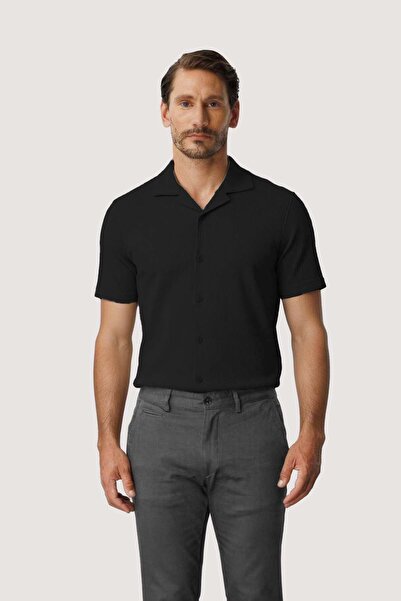 İgs Black Short Sleeve Men's Shirt with Camp Collar Modern Summer Model