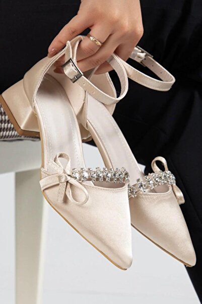 yezy shoes Women's Short Heeled Shoes Satin Stone Ballerinas