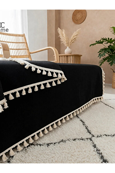 NDC HOME Husă de canapea din in premium, neagră, cu pompon (170 X 220)