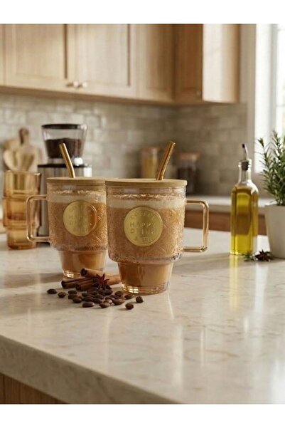 Perodia 2'li Cam Pipetli Vakumlu Bardak 750 ml Bambu Kapaklı Desenli Kahve & ...