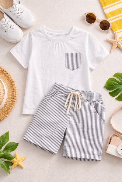 Yalçınoğlu Kids Boys' Summer Shorts Set 3-9 Years Old Cotton Striped Shorts Pocket T-Shirt Set of 2