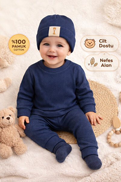 MiniMino Kids Hatted Ribbed Baby Top and Bottom 3-Piece Set