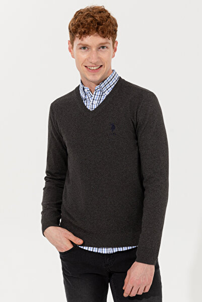 U.S. Polo Assn. Men's Anthracite Melange V-Neck Basic Knitwear Sweater 502518...