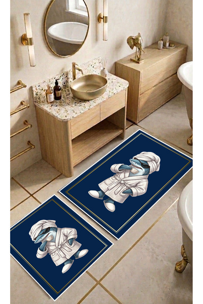 Harika bir ev Hari̇kabi̇rev | Bathroom and Toilet Mat with Bathrobe Shark Pat...
