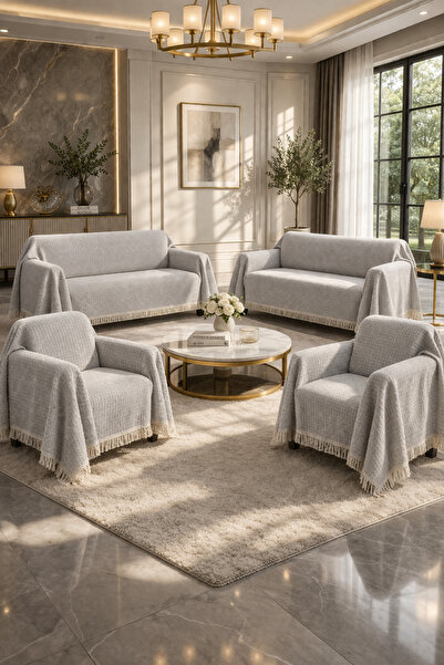 VERONİCA LİNE 4’lü Koltuk Örtüsü Seti | %100 Pamuk Dokulu Püsküllü Şal | 3+3+...