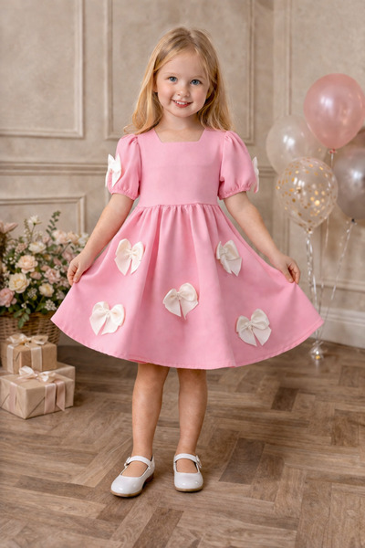 zepkids Crew Neck, Pearls and Bow, Short Sleeve, Powder Pink Color Girls' Dress