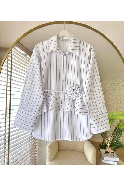 Bahar Altundemir Women's Stylish Shirt with Striped Waist Detail and Floral A...