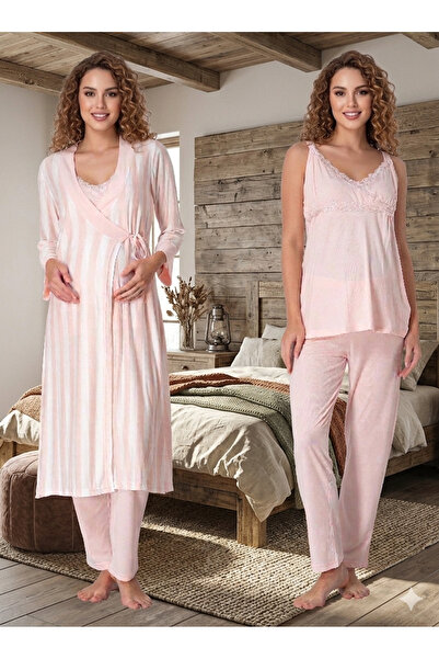 lohusahamile Maternity Pajama Set with Nursing Feature, Strappy Striped Robe