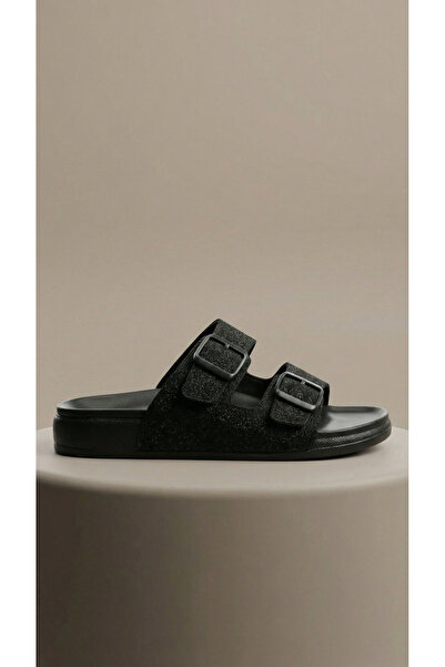 Shoebuo Γυναικείες μαύρες παντόφλες με διπλή πόρπη και γκλίτερ - Άνετη σόλα, ...