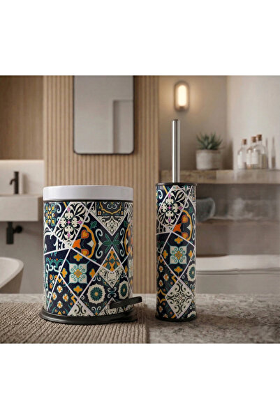 GörSeç 3 Litre Retro Desen 2'li Banyo Seti Pedallı Çöp Kovası Wc Klozet Tuval...