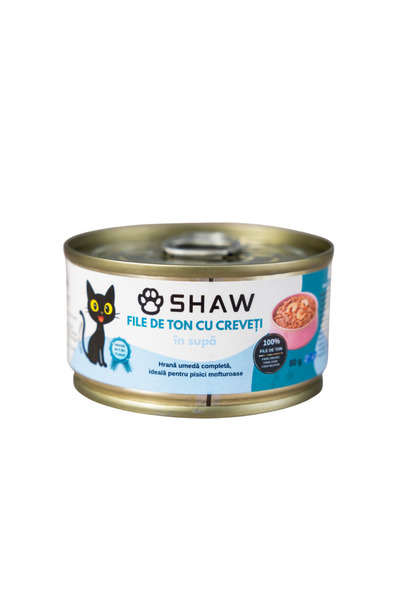 SHAW Hrană umedă premium pentru pisici, file de ton și creveți în bulion, fără cereale, 80g