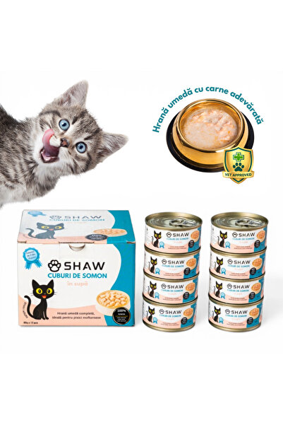 SHAW Hrană umedă premium pentru pisici, cuburi de somon în bulion, fără cerea...