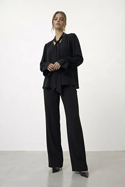 VAGGON Tie Collar Spanish Sleeve Blouse and Pants Set