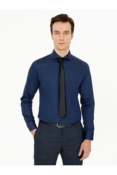 Cacharel قميص كلاسيكي بياقة إيطالية من القطن بنسبة 100% باللون الأزرق الداكن ...