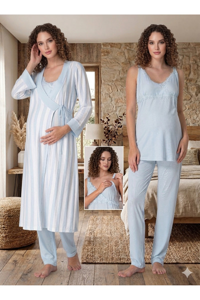 lohusahamile Maternity Pajama Set with Nursing Feature, Strappy Striped Robe