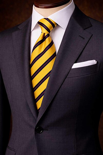 Kravatkolik Yellow - Navy Blue Stripe Pattern Italian Silk Tie İk2342