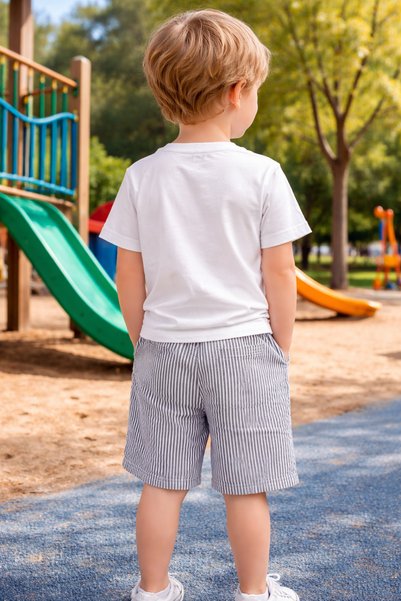 Yalçınoğlu Kids Boys' Summer Shorts Set 3-9 Years Old Cotton Striped Shorts Pocket T-Shirt Set of 2