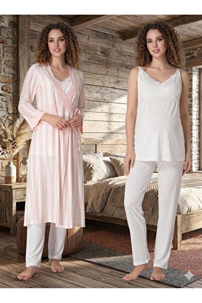 lohusahamile Maternity Pajama Set with Nursing Feature, Strappy Striped Robe