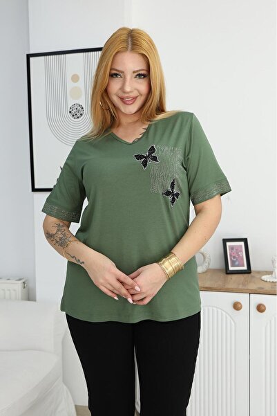 Siyezen Plus Size Sequin Butterfly Embroidered Blouse