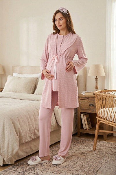 Pelin Women's Shawl Collar Jacquard Maternity 3-Piece Pajama Set