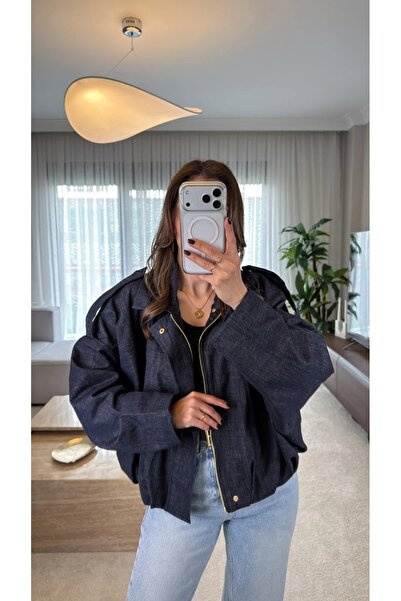TB Butik Navy Blue Denim Zippered Bomber Jacket