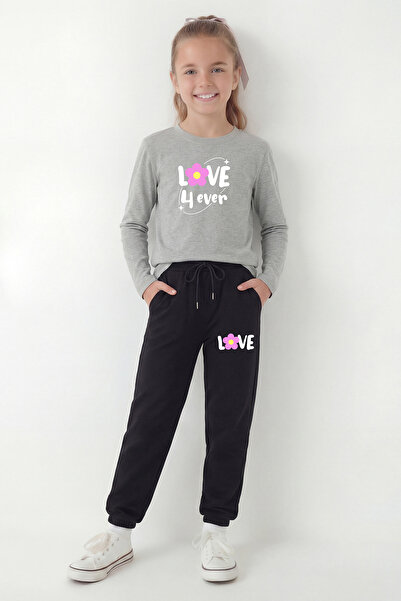 FYK COLLECTİON Long Sleeve Round Neck Printed Detailed Girls' Top and Bottom Set