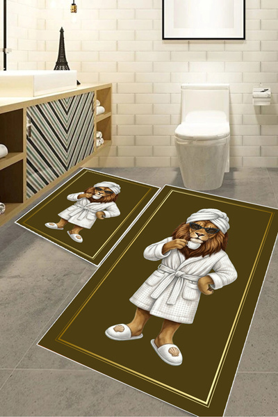 Harika bir ev Hari̇kabi̇rev | Bathroom and Toilet Mat with Bathrobe, Lion Pat...