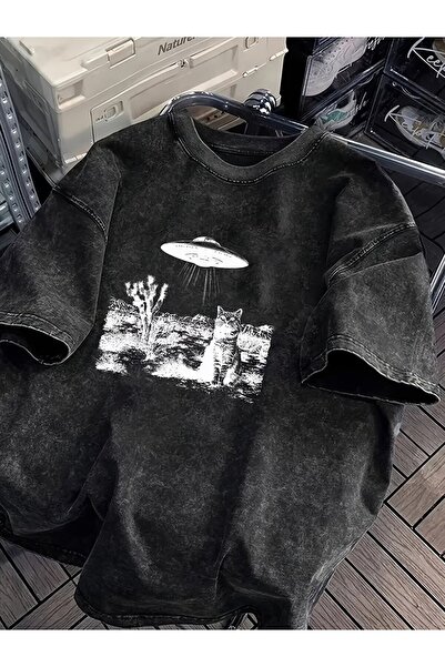 Le Savu Μπλουζάκι Unisex Oversize με στάμπα Μυστηριώδους Γάτας, που πλένεται