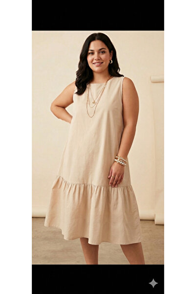ŞERİCE Plus Size Stone Color Sleeveless Ruffle Midi Dress