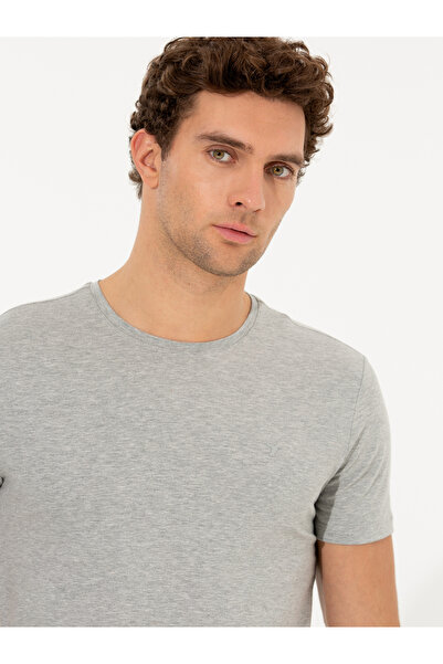 Cacharel Gray Melange Crew Neck Slim Fit Basic T-Shirt 50263987-Vr086