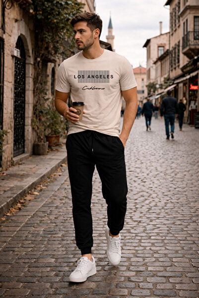 Trend Sizde Unisex Beige Los Angeles Printed Tracksuit Set Comfortable Fit Da...