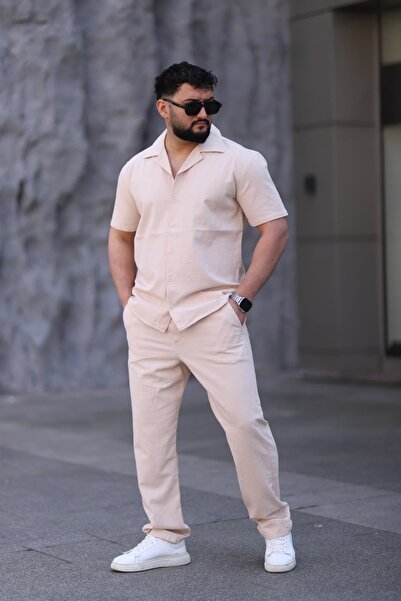 L-KOM Men's Short Sleeve Linen Shirt Pants Set Summer Casual Bottom Top Set