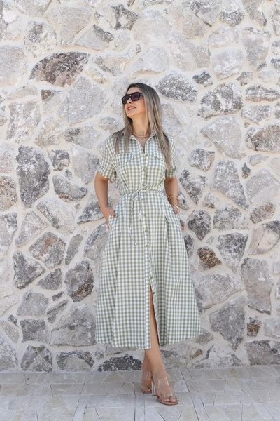 bytugcekaya Πράσινο κοντομάνικο φόρεμα με ζώνη και καρό σχέδιο