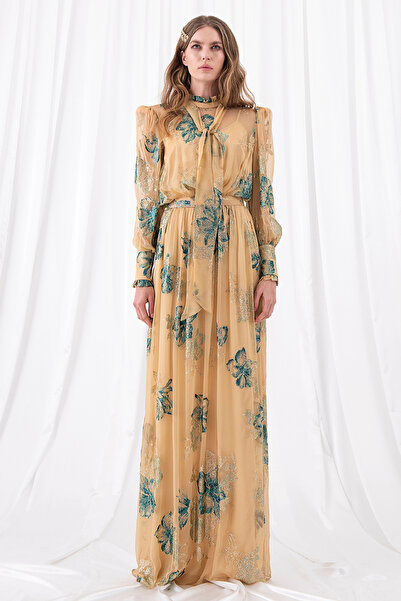 Vision of Sulz Elizabethan Dress Karamel Flok Baskılı İpek Abiye