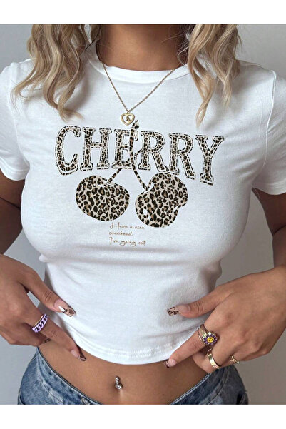 OVER HEAD Women's Cherry Leopard Printed Bayb Tee Crop