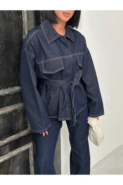 1434 Polo State Μπλε ναυτικό τζιν σετ με ζώνη, μπουφάν oversized και ψηλόμεσο...