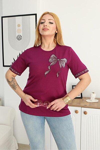 Siyezen Plus Size Ribbon Stone Printed Blouse