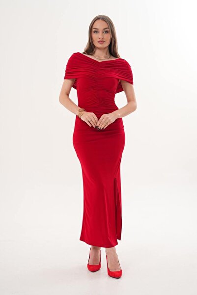 maf collection Women's Red Draped Detail Madonna Collar Slit Detail Evening D...