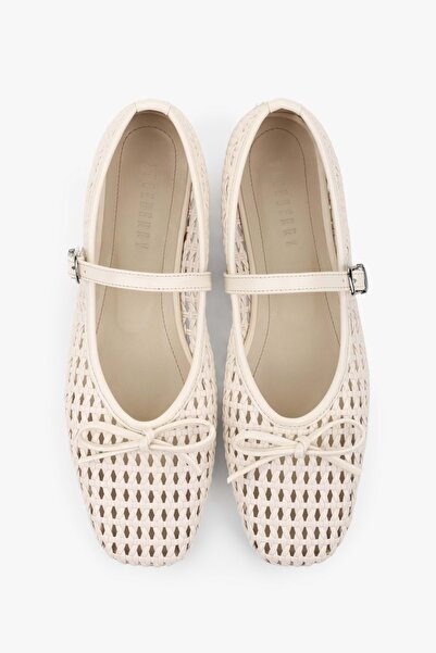 Shoeberry Women's Alira Ecru Skin Bowknot Knitted Ballerinas