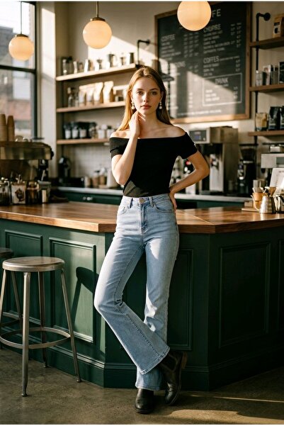 mooishan Dennis Mavi Kar Spanish Paça Jeans High Waist Lycra Stretch Flare De...