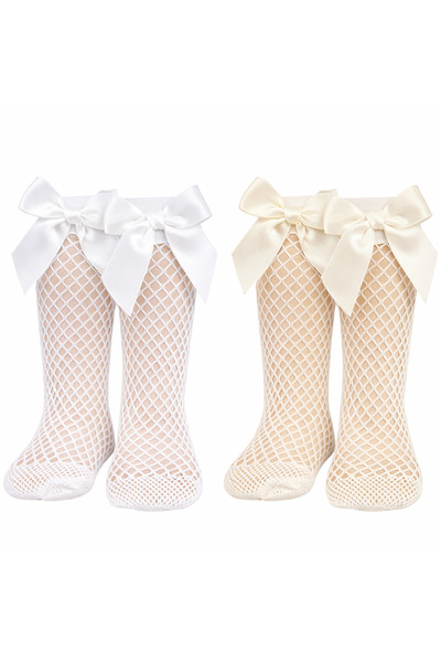 moukou White & Ecru Set of 2 Ribbon Detailed Mesh Baby Girl Socks 0-2 Years O...