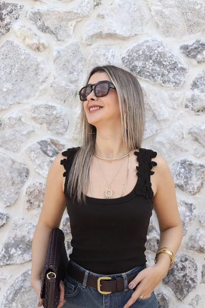 bytugcekaya Coffee-Colored Ruffled Ribbed Tank Top with Lace Shoulders