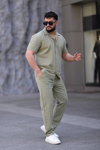 L-KOM Men's Short Sleeve Linen Shirt Pants Set Summer Casual Bottom Top Set