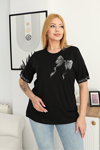 Siyezen Plus Size Ribbon Stone Printed Blouse