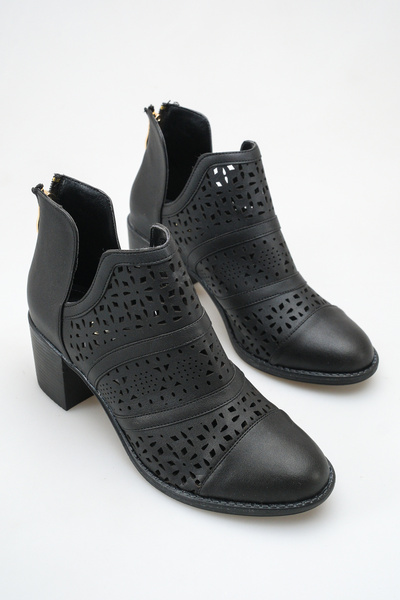 LDR Women's Black Leather Laser Cut Perforated Summer Boots
