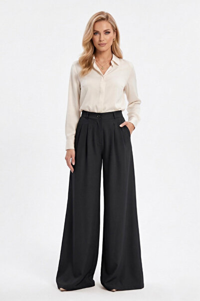 LEY COLLECTİON Γυναικείο παντελόνι με φαρδιά μπατζάκια, διπλό πλισέ και ελαστ...